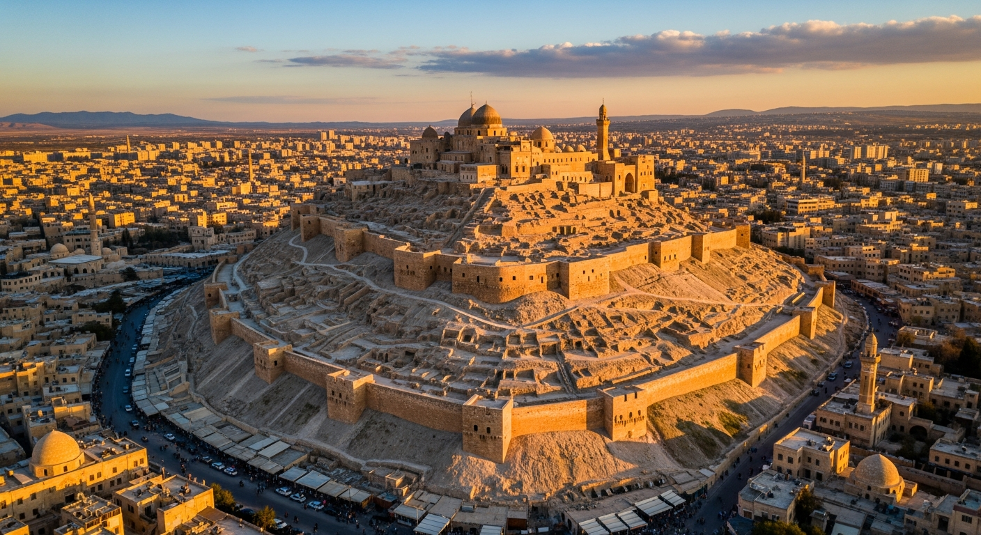 Aerial landscape of an ancient citadel mound at golden hour