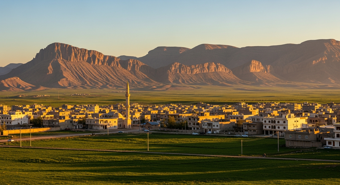The town of Halabja set on a plain beneath mountains in the Kurdistan Region of Iraq