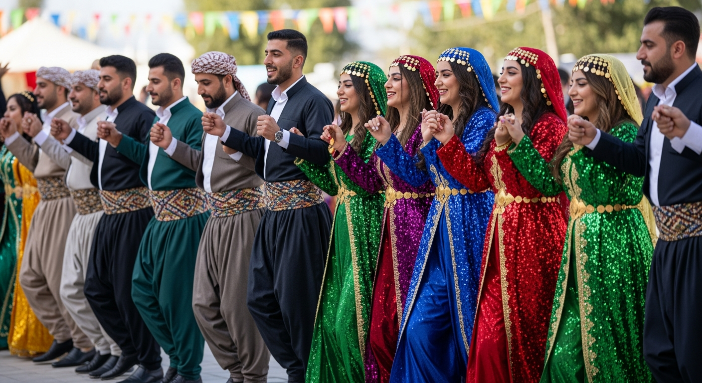 Traditional Kurdish dance performers in colourful dress celebrating Newroz.